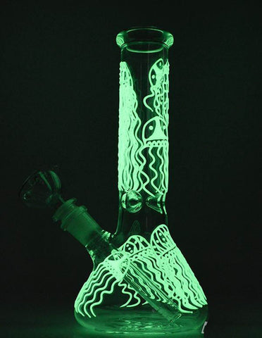 10" JellyFish Beaker Glow In The Dark Glass Water Pipe Bong - SmokingCats  - Discreet Ship from Texas !